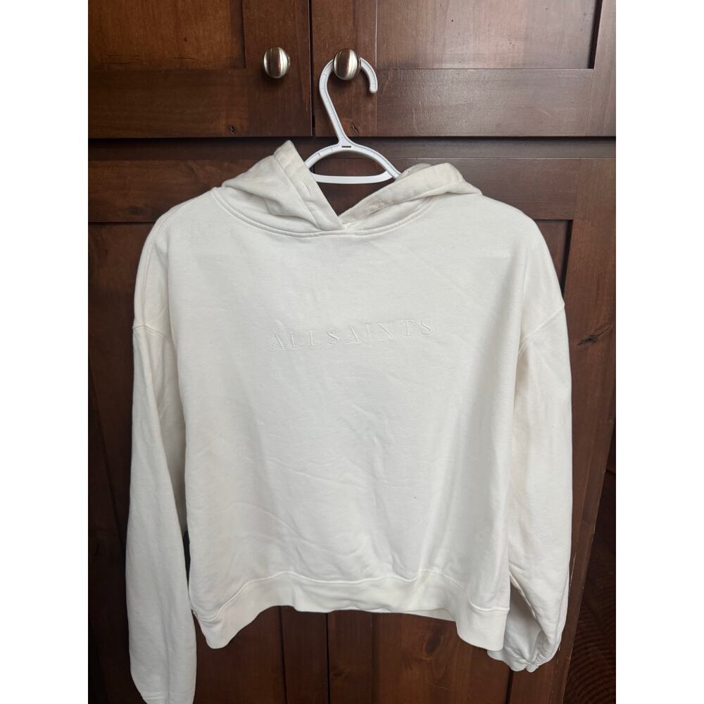 AllSaints Pippa Embroidered Hoodie Large White Cropped Pullover 100% Cotton